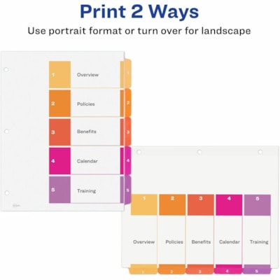 Avery® Ready Index® Table of Content Dividersfor Laser and Inkjet Printers, 5 tabs, 1 set - 5 x Divider(s) - 1-5 - 5 Tab(s)/Set - 8.50" (215.90 mm) Divider Width x 11" (279.40 mm) Divider Length - 3 Hole Punched - White Paper Divider - Multicolor Paper Tab(s) - 20% - Hole-punched, Printable, FR BINDR REINFORCD TABS&HOLES INKJET & LASER AVERY  20% PCW