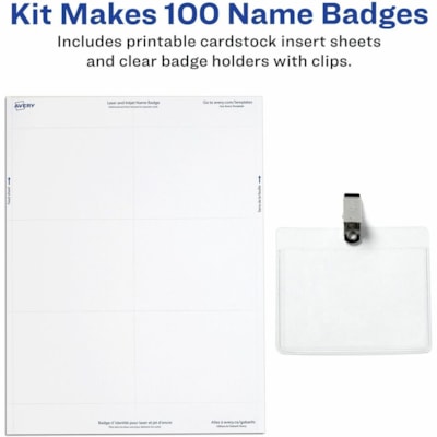 Avery® Garment Friendly Clip Style Name Badge Kitfor Laser and Inkjet Printers, 2-1/4" x 3-1/2" - Legal - 8 1/2" (215.90 mm) x 11" (279.40 mm) - Durable, Reusable, Printable, Clip, Micro Perforated - White - 13 Sheets - 100 / Box KIT  2-1/4"X 3-1/2" 100/BOX 