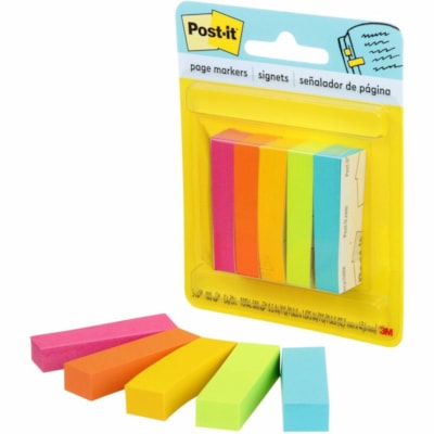 Post-it® - Signets - largeur de drapeau/note 1/2 po (12,70 mm) x longueur de drapeau/note 2 po (50,80 mm) - Rectangulaires - Non ligné - Assorti brillant - Papier - Amovible, Autocollant - 500 / emballage ASSORTED COLOURS 