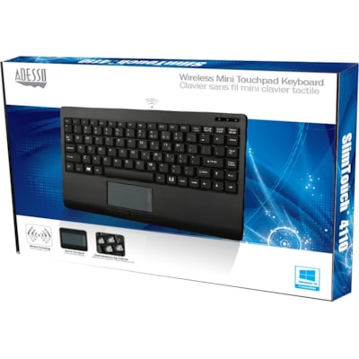 Adesso Wireless Mini Touchpad Keyboard - Wireless Connectivity - RF - 30 ft (9144 mm) - 2.40 GHz - USB Interface - 87 Key(s) - Power Switch, Connect, Right Mouse, Left Mouse, Windows Key Hot Key(s) - English (US) - Computer - TouchPad - Windows - Membrane Keyswitch - AAA Battery Size Supported - Bla  