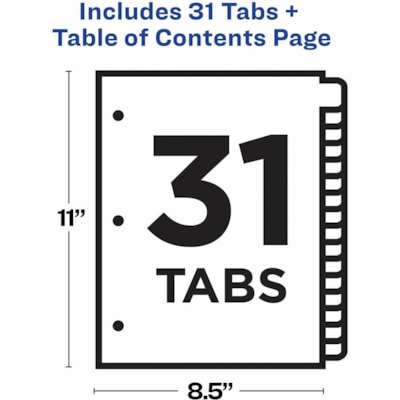 Avery® Ready Index® Table of Content Dividers for Laser and Inkjet Printers, 1-31 - 31 x Divider(s) - 31 Printed Tab(s) - Digit - 1-31 - 31 Tab(s)/Set - 8.50" (215.90 mm) Divider Width x 11" (279.40 mm) Divider Length - Letter - 8.50" (215.90 mm) Width x 11" (279.40 mm) Length - 3 Hole Punch LASER/INK JET  MULTI-COLOUR 1-31  1 SET/PKG