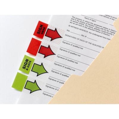 languette Post-it® - largeur de drapeau/note 1 po (25,40 mm) x longueur de drapeau/note 1 3/4 po (44,45 mm) - Flèche, Rectangulaires - Non ligné - Signature et date - Vert - Amovible, Autocollant - Distribluteur inclus - 100 / emballage BRIGHT GREEN 'SIGN & DATE' 