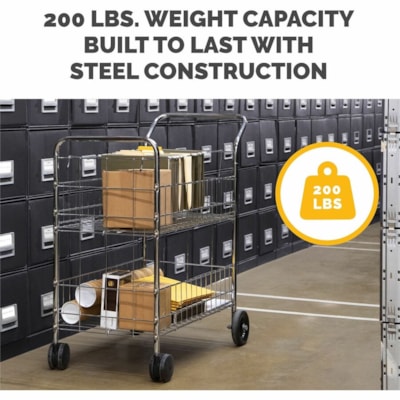 Fellowes Wire Mail Cart - 200 lb (90718.47 g) Capacity - 4 Casters - 6" (152.40 mm), 4" (101.60 mm) Caster Size - Steel - 21.5" (546.10 mm) Width x 37.5" (952.50 mm) Depth x 39.5" (1003.30 mm) Height - Chrome - 1 Each HOLDS LETTER OR LEGAL FILES 18WX38 1/5"DX39-1/4H