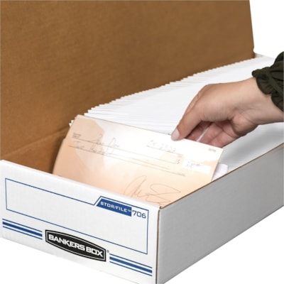 Bankers Box STOR/FILE Check Storage Boxes - Internal Dimensions: 9" (228.60 mm) Width x 24" (609.60 mm) Depth x 4" (101.60 mm) Height - External Dimensions: 9.3" (234.95 mm) Width x 25" (635 mm) Depth x 4.1" (104.90 mm) Height - 650 lb (294835.04 g) - Flip Top Closure - Light Duty - Stackable - Whit ATTCHD FLIP-TOP LID 