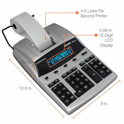 Victor 12403A Professional Calculator - Dual Color Print - Dot Matrix - 4.3 lps - Big Display, Independent Memory - 12 Digits - Fluorescent - AC Supply/Power Adapter Powered - 3.3" (82.55 mm) Height x 9" (228.60 mm) Width x 12.8" (323.85 mm) Length - White - 1 Each ANTIMICROBIAL KEYS/UPPER SHELL 