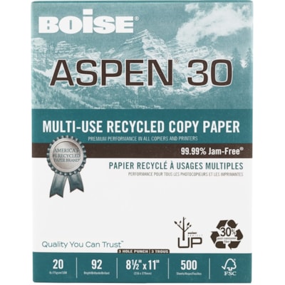 Aspen - Papier recyclé 054901-P - 92 Luminosité - format lettre - 8 1/2 po (215,90 mm) x 11 po (279,40 mm) - 20 lb (9071,85 g) Poids de Base - Lisse - Sans bourrage, Sans acide - Blanc - 5000 / Carton RECYCLÉ 30% POST-CONSOM. 20LB BRILLANCE 92  500/PQT  3 TROUS
