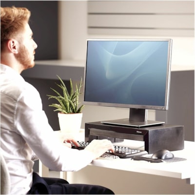 Fellowes Designer Suites Monitor Riser - Up to 21" (533.40 mm) Screen Support - 40 lb (18143.69 g) Load Capacity - 4.38" (111.25 mm) Height x 16" (406.40 mm) Width x 9.38" (238.25 mm) Depth - Desktop - Black, Pearl  