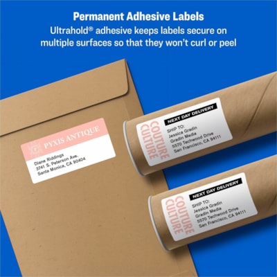 Avery® Shipping Labels, Sure Feed®, 2" x 4" , 250 Labels (5263) - 2" (50.80 mm) Width x 4" (101.60 mm) Length - Permanent Adhesive - Rectangle - Laser - White - Paper - 10 / Sheet - 25 Total Sheets - 250 Total Label(s) - Permanent Adhesive, Jam Resistant, Customizable - 250 / Pack PERMANENT  WHITE  SHEET LASER  4" X 2"  250 LBLS/PKG