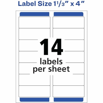 Avery® White Rectangle Labels with Sure Feed(tm) Technology,Easy Peel®, 1-1/3" x 4" , for Laser and Inkjet Printers - 1 21/64" (33.78 mm) Width x 4" (101.60 mm) Length - Permanent Adhesive - Rectangle - Laser - Matte - White - Paper - 14 / Sheet - 100 Total Sheets - 1400 Total Label(s) -  14/SHEET PERMANENT ADHESIVE AVERY 100 SHEETS/BX 1400/BX
