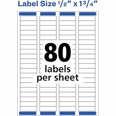 Avery® White Rectangle Labels with Sure Feed(tm) Technology,Easy Peel®, 1/2" x 1-3/4" , for Laser and Inkjet Printers - 1/2" (12.70 mm) Height x 1 3/4" (44.45 mm) Width - Permanent Adhesive - Rectangle - Laser - Matte - White - Paper - Permanent Adhesive, Peel & Stick, Smudge-free, Jam Re AVERY 100 SHEETS/PACK 3-8000 PER BX