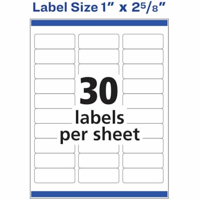 Avery - Étiquettes rectangulaires blanches avec technologie Sure Feed - hauteur de 1 po (25,40 mm) x largeur de 2 5/8 po (66,68 mm) - Permanent Adhésif - Rectangulaires - Laser - Mate - Blanc - Papier - Adhésif permanent, Peler et coller, Anti-bavure, Collent et restent, Décolla 25 FEUIL/PQT  30 ÉTIQ/FEUIL 750/PQT  AVERY