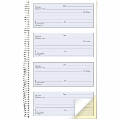 Blueline Receipt Book - 200 Sheet(s) - Spiral Bound - 2 Part - Carbonless Copy - 6 5/8" (16.8 cm) x 10 5/8" (27 cm) Sheet Size - Blue Cover - 1 Each 200 CARBONLESS DUPLICATES 4 PER PAGE  BILINGUAL