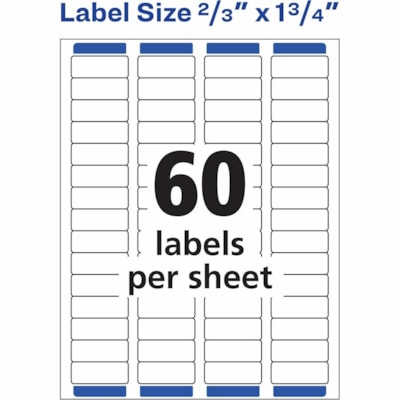 Avery® White Rectangle Labels with Sure Feed(tm) TechnologyEasy Peel®, 2/3" x 1-3/4" , for Laser and Inkjet Printers - 2/3" (16.92 mm) Height x 1 3/4" (44.45 mm) Width - Permanent Adhesive - Rectangle - Laser - Matte - White - Paper - Permanent Adhesive, Peel & Stick, Smudge-free, Jam Res 2/3X1-3/4 LASER EASY PEEL 25 SHTS/BOX  60 LABELS/SHT