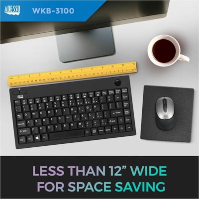 Adesso Wireless Mini Trackball Keyboard - Wireless Connectivity - RF - 30 ft (9144 mm) - 2.40 GHz - USB Interface - 87 Key(s) - Windows Key Hot Key(s) - English (US) - Computer, Monitor, Tablet, Kiosk - Trackball - Windows - Membrane Keyswitch - AA Battery Size Supported - Black  Trackball Keyboard  - Black