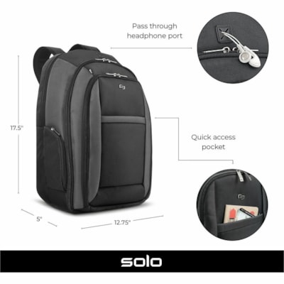 Solo Sterling Carrying Case (Backpack) for 16" (406.40 mm) Notebook - Black - Ballistic Poly, Polyester Body - Checkpoint Friendly - Backpack Strap, Handle - 12.75" (323.85 mm) Height x 17.50" (444.50 mm) Width x 5" (127 mm) Depth - 1 Each ptop sleeve Checkpoint friendl y sleeve design allo