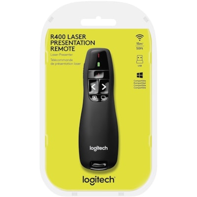 Logitech R400 Wireless Presenter - Laser - Wireless - 49.21 ft (15000 mm) - Radio Frequency - 2.40 GHz - Black - USB - 1 Each  