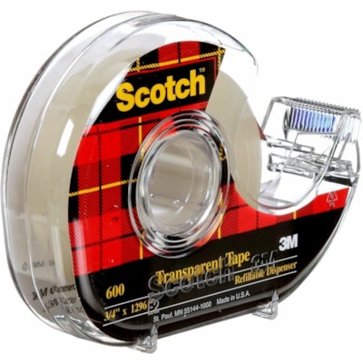 Scotch Multipurpose Adhesive Tape - 36 yd (32.9 m) Length x 0.75" (19.1 mm) Width - 1" (25.40 mm) Core - Glossy - Transparent - Polyolefin Backing - Acrylic Adhesive - Dispenser Included - Handheld Dispenser - Yellowing Resistant, Split Resistant, Dry Resistant, Moisture Resistant, Stain Resistant - 19MM X 32.9M 