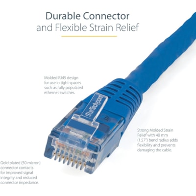 StarTech.com 50ft CAT6 Ethernet Cable - Blue Molded Gigabit - 100W PoE UTP 650MHz - Category 6 Patch Cord UL Certified Wiring/TIA - 50ft Blue CAT6 Ethernet cable delivers Multi Gigabit 1/2.5/5Gbps & 10Gbps up to 160ft - 650MHz - Fluke tested to ANSI/TIA-568-2.D Category 6 - 24 AWG stranded 100% copp  CABL 
