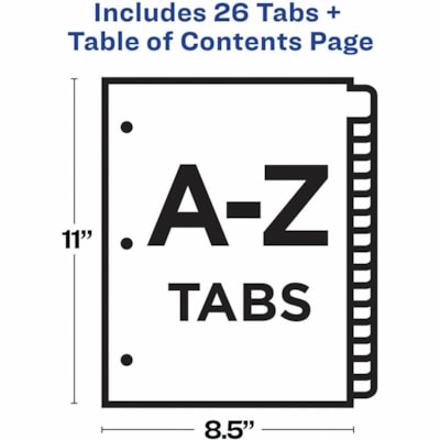 Avery® Ready Index® Table of Contents Dividers for Laser and Inkjet Printers, A-Z - 1 x Divider(s) - 26 Printed Tab(s) - Alphabet - A-Z - 26 Tab(s)/Set - 8.50" (215.90 mm) Divider Width x 11" (279.40 mm) Divider Length - Letter - 8.50" (215.90 mm) Width x 11" (279.40 mm) Length - 3 Hole Punc LASER/INK JET  MULTI-COLOUR A-Z  1 SET/PKG