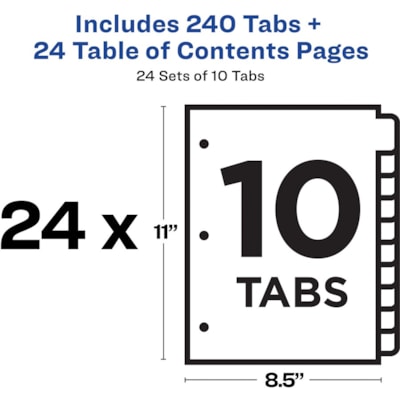 Avery® Ready Index(R) 10-Tab Binder Dividers, Customizable Table of Contents, Multicolor Tabs, 24 Sets (11169) - 240 x Divider(s) - 1-10 - 10 Tab(s)/Set - 8.50" (215.90 mm) Divider Width x 11" (279.40 mm) Divider Length - 3 Hole Punched - White Paper Divider - Multicolor Paper Tab(s) - 20% Recyc 25 UNCOLLATED SETS OF 10 TABS 20% PCW