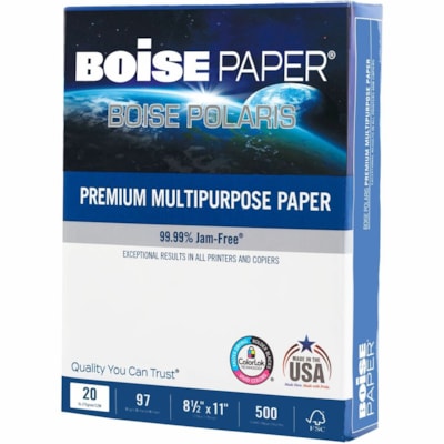 Polaris - Papier Ã usages multiples haut de gamme Polaris , CertifiÃ FSC, rame - 97 Luminosité - format lettre - 8 1/2 po (215,90 mm) x 11 po (279,40 mm) - 20 lb (9071,85 g) Poids de Base - Lisse - Sans bourrage, Double face, Technologie ColorLok, Séchage rapide - Blanc - 5000 / Carton 8 5X11 BRILLANCE DE 97 20LB BOISE POLARIS  CERTIFIÉ FSC