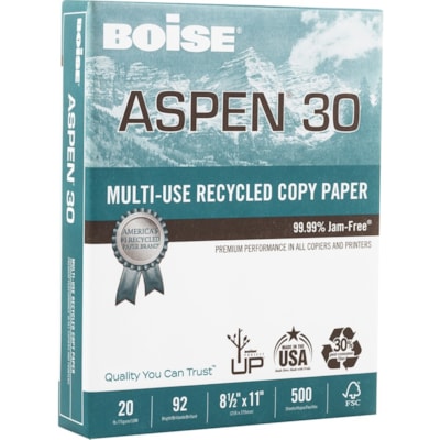 Aspen - Papier recyclé X-9 - 92 Luminosité - format lettre - 8 1/2 po (215,90 mm) x 11 po (279,40 mm) - 20 lb (9071,85 g) Poids de Base - Lisse - Sustainable Forestry Initiative (SFI) - Sans bourrage, Sans acide - Blanc - 2500 / Carton 30 % MAT. RECYC. POSTCONSOMM. 20 LB  BRILLANCE 92  2 500/CS