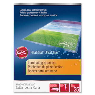 GBC UltraClear Thermal Laminating Pouches - Sheet Size Supported: Letter 8.50" (215.90 mm) Width x 11" (279.40 mm) Length - Laminating Pouch/Sheet Size: 9" (228.60 mm) Width x 11.50" (292.10 mm) Length x 3 mil (0.08 mm) Thickness - Glossy - Flexible, Wear Resistant, Tear Resistant - Clear - 25 / Pac LETTER 9" X 11 1/2" 25/PK 
