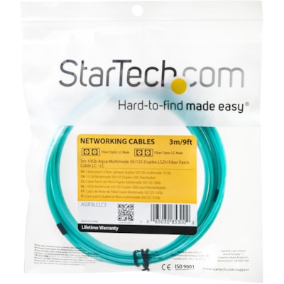 StarTech.com 3m (10ft) LC/UPC to LC/UPC OM3 Multimode Fiber Optic Cable, Full Duplex 50/125 Zipcord, 100G, LSZH Fiber Jumper Cord - 3m (9.8ft) OM3 Multimode LC/LC-UPC Fiber Cable; 1/10/40/100 Gbps Full Duplex; 50/125um Core w/ Aramid Sheath; Bandwidth: 2000MHz·km at 850nm w/ VCSEL source; Outer Diam  CABL 