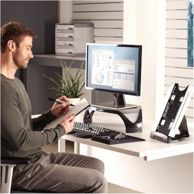 Office Suites(tm) Desktop Copyholder with Memo Board - 15" (381 mm) Height x 10.25" (260.35 mm) Width x 6" (152.40 mm) Depth - Black, Silver BOARD TILTS UP OR DOWN HOLDS UP TO 150 SHEETS DRY ERASE