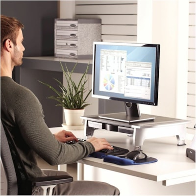 Fellowes Office Suites Monitor Riser - Up to 21" (533.40 mm) Screen Support - 80 lb (36287.39 g) Load Capacity - 4.19" (106.43 mm) Height x 19.88" (504.95 mm) Width x 14.06" (357.12 mm) Depth - Desktop - High Performance Steel (HPS) - Black, Silver MONITOR RISER 