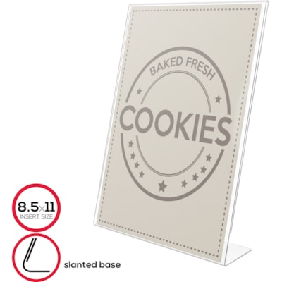 Deflecto Anti-Glare Slanted Sign Holder - Portrait - 11" (279.40 mm) Height x 8.50" (215.90 mm) Width x 2.50" (63.50 mm) Depth - Acrylic - Clear - Anti-glare, Scratch Resistant, Durable, Heavy Duty, Double-sided - 1 Each SLANTED - PORTRAIT 8-1/2"W X 11"H X 2-1/2"D