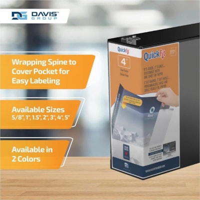 QuickFit View Binder, 3-Ring Binder, Angle D Ring, 4 Inch, Black - 4" (101.60 mm) Binder Capacity - 8 1/2" (215.90 mm) x 11" (279.40 mm) Sheet Size - 750 Sheet Capacity - 3 x 4" (101.60 mm) Ring(s) - Fastener(s): D-Ring - Pocket(s): 2, Internal - Polypropylene - Black - Ink-transfer Resistant, Locki D-RING  OVERLAY USES LTTR SIZE PAPER FOR CUSTOM INSERT