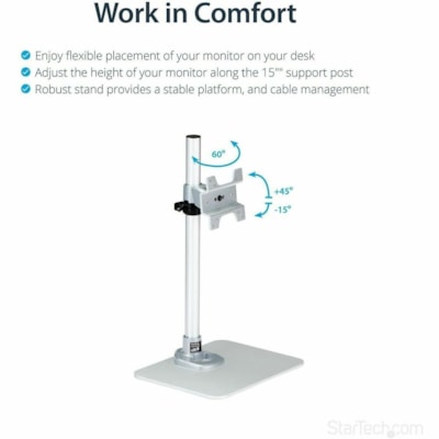 StarTech.com Single Monitor Stand, For up to 34" (30.9lb/14kg) VESA Mount Monitors, Works with iMac / Apple Cinema Displays, Steel, Silver - Mount your monitor on a desk stand, with tilt, pivot and height adjustments - Works with VESA 75x75/100x100 mount displays up to 34" including flat screen, cur  STND 