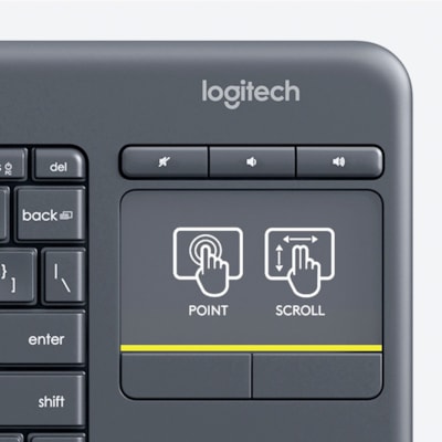 Logitech K400 Plus Wireless Touch TV Keyboard With Easy Media Control and Built-in Touchpad, HTPC Keyboard for PC-connected TV, Windows, Android, Chrome OS, Laptop, Tablet (Dark) (French Layout) - Wireless Connectivity - RF - 32.81 ft (10000 mm) - 2.40 GHz - USB Interface - Mute, Volume Down, Volume 0WRLS 