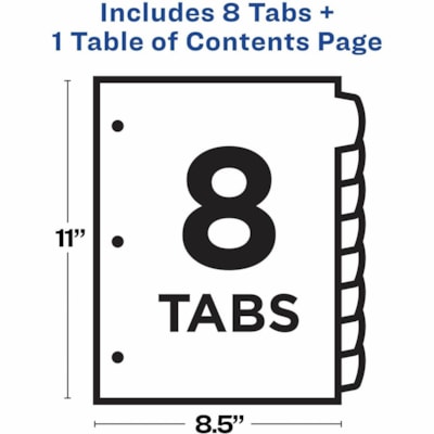 Avery® Ready Index® Customizable Table of Contents Dividersfor Laser and Inkjet Printers, 8 tabs, 1 set - 8 x Divider(s) - 8 Printed Tab(s) - Digit - 1-8 - 8 Tab(s)/Set - 8.50" (215.90 mm) Divider Width x 11" (279.40 mm) Divider Length - Letter - 8.50" (215.90 mm) Width x 11" (279.40 mm) Len 1-8 NUMBERED TABS  PAPER CONTEMPORARY MULTI COLOURS