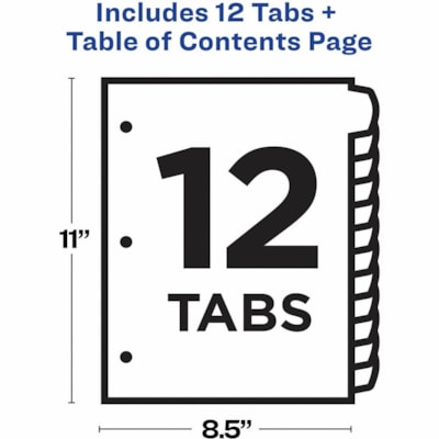 Avery® Ready Index® Customizable Table of Contents Dividersfor Laser and Inkjet Printers, 12 tabs, 1 set - 12 x Divider(s) - 12 Printed Tab(s) - Digit - 1-12 - 12 Tab(s)/Set - 8.50" (215.90 mm) Divider Width x 11" (279.40 mm) Divider Length - Letter - 8.50" (215.90 mm) Width x 11" (279.40 mm 1-12 NUMBERED TABS  PAPER CONTEMPORARY MULTI COLOURS