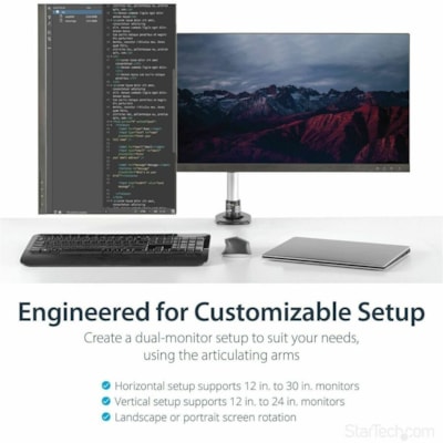 StarTech.com Desk Mount Dual Monitor Arm, Full Motion, Premium Dual Monitor Mount for up to 30"(19.8lb/9kg) VESA Mount Monitors, Tool-less - Save space and work in comfort with this premium desk mount dual monitor arm - Mount two displays up to 30" horizontally or displays up to 24" vertically - Ful  MNT 