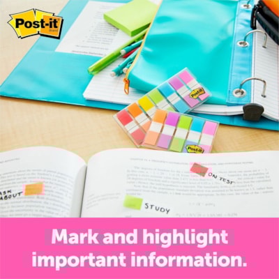 Post-it® - Languettes dans un distributeur de poche - Couleurs vives - largeur de drapeau/note 1/2 po (12,70 mm) x longueur de drapeau/note 1 3/4 po (44,45 mm) - Orange, Pourpre, Vert, Bleu, Rose - Amovible - 100 / emballage  