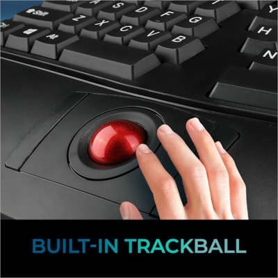Adesso 2.4 GHz Wireless Ergonomic Trackball Keyboard - Wireless Connectivity - RF - 30 ft (9144 mm) - 2.40 GHz - USB Interface - 105 Key(s) - Next Track, Previous Track, Refresh, Search, Forward, Wake-up, Play/Pause, Volume Up, My Computer, Mute, Sleep, ... Hot Key(s) - English (US) - QWERTY Layout  s Media Ergonomic Trackball ke yboard with 20 windo