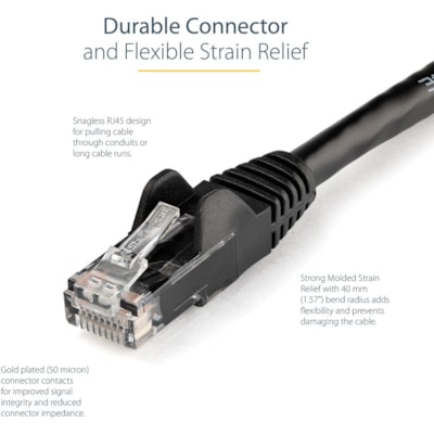 StarTech.com 14ft CAT6 Ethernet Cable - Black Snagless Gigabit - 100W PoE UTP 650MHz Category 6 Patch Cord UL Certified Wiring/TIA - 14ft Black CAT6 Ethernet cable delivers Multi Gigabit 1/2.5/5Gbps & 10Gbps up to 160ft - 650MHz - Fluke tested to ANSI/TIA-568-2.D Category 6 - 24 AWG stranded 100% co ed Pair (UTP) - Male Left Gend er - Male Right Gend