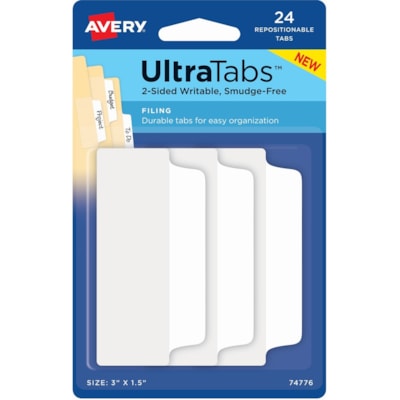 Avery® - Intercalaire 74776 - 24 Onglet(s) - hauteur de l'onglet 1,50 po (38,10 mm) x largeur de l'onglet 3 po (76,20 mm) - Tab clair Film, Blanc Papier - 24 / emballage PK/24  2 SIDED WRITABLE FILING 