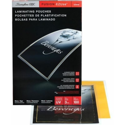 GBC EZUse Thermal Laminating Pouches 3Mil Menu Size 11.5" x 17.5" - 100 Pack - Sheet Size Supported: Menu 11.50" (292.10 mm) Width x 17.50" (444.50 mm) Length x 3 mil (0.08 mm) Thickness - for Laminator, Document - UV Resistant, Fade Resistant, Discoloration Resistant, Alignment Guide - 100 / Pack DIRECTIONAL ARROWS & MIL SIZE 