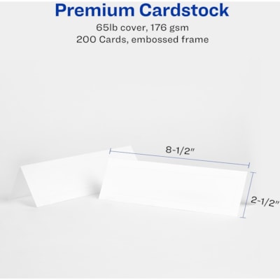 Avery® Medium Tent Cards - 97 Brightness - 2 1/2" (63.50 mm) x 8 1/2" (215.90 mm) - 65 lb (29483.50 g) Basis Weight - 176 g/m² Grammage - Embossed, Printable, Micro Perforated, Jam-free, Smudge-free, Heavyweight - White EMBOSSED CARD STOCK MED. SIZE 