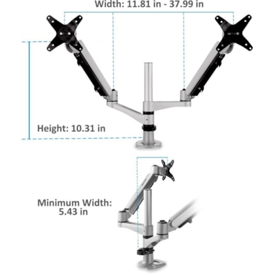 ViewSonic Spring-Loaded Dual Monitor Mounting Arm for Two Monitors up to 27" Each - 2 Display(s) Supported - 27" Screen Support - 30.86 lb (13997.86 g) Load Capacity - 75 x 75, 100 x 100 - VESA Mount Compatible onitor Mounting Arm  Full adju stability provides f