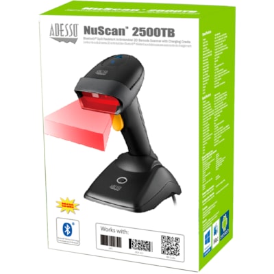 Adesso NUSCAN 2500TB Bluetooth Spill Resistant Antimicrobial 2D Barcode Scanner - Wireless Connectivity - 12" (304.80 mm) Scan Distance - 1D, 2D - CMOS - Bluetooth - USB - Black - USB - Logistics, Warehouse, Library, Healthcare, Retail ld 2D Barcode Scanner 