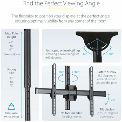 StarTech.com Dual TV Ceiling Mount, Back-to-Back Hanging Dual Screen VESA Pole Mount for 32"-75" TVs - Height Adjustable Telescopic Pole - Adjustable back-to-back dual TV ceiling mount w/ telescopic pole for large VESA mount displays/curved TVs up to 75in (110lb) per screen - Swivel/rotate/tilt - Wo  MNT 