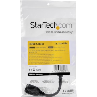 StarTech.com 6"/15cm HDMI Port Saver Cable, 4K 60Hz High Speed HDMI 2.0 Extension Cable with Ethernet, HDMI Male to Female Extension Cord - 6in short high speed HDMI 2.0 extension cable with Ethernet; 4K 60Hz (up to 4096x2160p)/UHD/HDR10/32ch Audio - 30AWG HDMI port saver cable/Nylon 6/6 connector p  CABL 