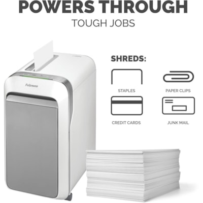 Fellowes Powershred LX220 100% Jam Proof Micro-cut Shredder - Micro Cut - 20 Per Pass - for shredding Paper, Credit Card, Paper Clip, Staples, Junk Mail - 0.2" (3.97 mm) x 0.5" (12.70 mm) Shred Size - P-4 - 1.40 in/s (35.56 mm/s) - 9" (228.60 mm) Throat - 20 Minute Run Time - 30.28 L Wastebin Capaci P4. 9" THROAT. 8 GAL 30MIN ON/15MIN OFF.4200' T/PUT