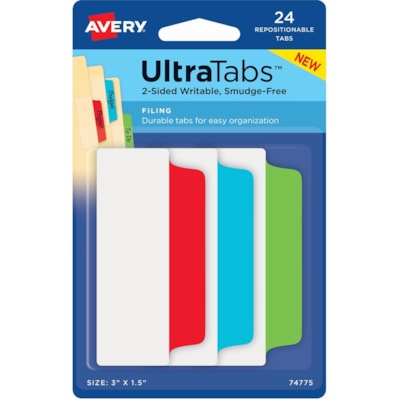Avery® - Onglet dossier Ultra Tabs - 1152 Onglet(s) - hauteur de l'onglet 1,50 po (38,10 mm) x largeur de l'onglet 3 po (76,20 mm) - Tab Rouge Film, clair Papier, Bleu, Vert - 24 emballage - 48 / Carton PK/24  2 SIDED WRITABLE FILING 