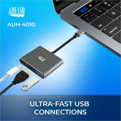 Adesso 3-IN-1 USB-C Multi-Port Docking Station (TAA Compliant) - for Notebook, Monitor, Projector, Smartphone, Tablet, TV - Charging Capability - USB Type C - 4K @30Hz - 3840 x 2160 - 2 x USB Ports - 1 x USB 3.0 - 1 x USB Type-A Ports - USB Type-A - 1 x USB Type-C Ports - USB Type-C - HDMI - Wired - Docking Station with 1xTypeC p ort  1x USB 3.0-A+PD
